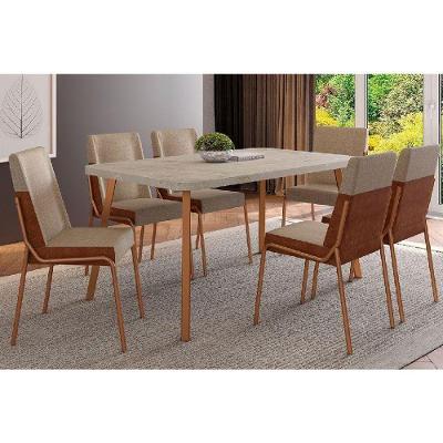 Sala de Jantar Completa Stellar 1597 Aço c/ Tampo Madeirado 160x90cm e 6 Cadeiras Hug Rose/Petra - Rose/Areia - Caramelo - Carraro