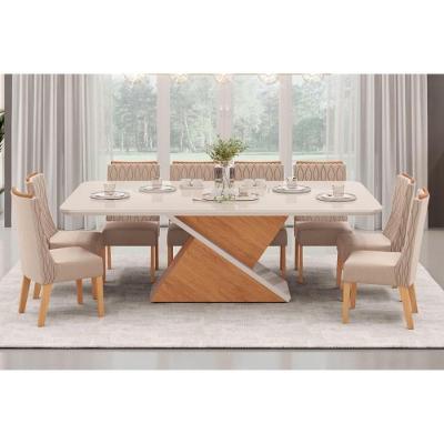 Sala de Jantar Completa Zafira Tampo Madeirado c/ Vidro Curvo 200x100cm e 8 Cadeiras Jade Off White - Freijo/Suede Kraft - DJ Móveis