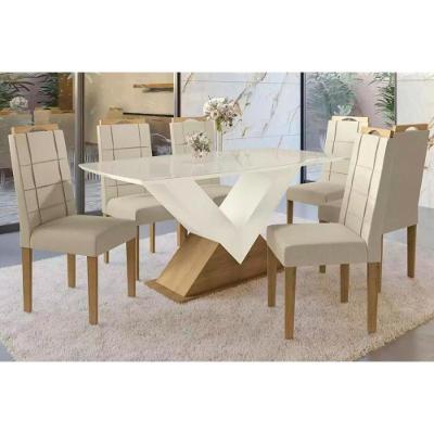 Sala de Jantar Completa Amora Tampo Madeirado c/ Vidro 90x170cm e 6 Cadeiras 2CAD150 Freijo/Off White/Vidro Bronze - Eucalipto/Linh - Kappesberg