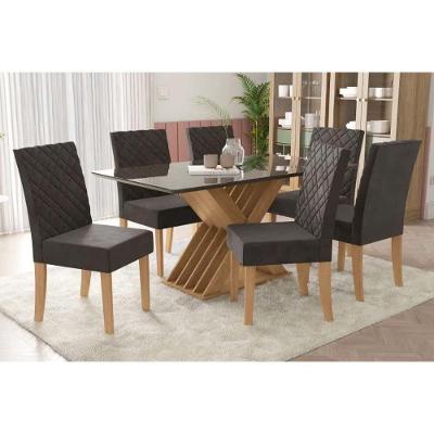 Sala de Jantar Completa Graviola Tampo Madeirado c/ Vidro 90x180cm e 6 Cadeiras 2CAD133 Nogueira/Preto fosco/Vidro preto - Suede Pret - Kappesberg