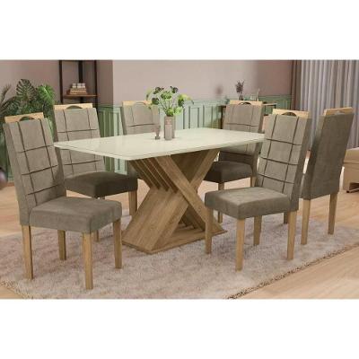 Sala de Jantar Completa Graviola Tampo Madeirado c/ Vidro 90x160cm e 6 Cadeiras 2CAD150 Freijo/Off White/Vidro Off White - Eucalipto/V - Kappesberg