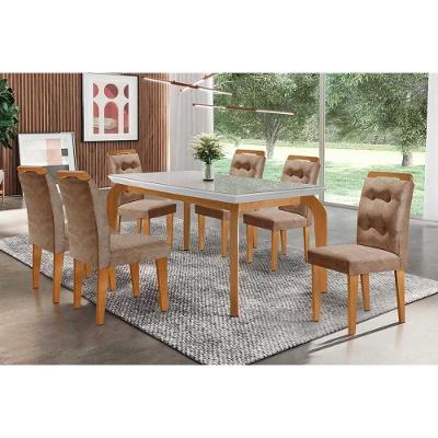 Sala de Jantar Completa Londrina c/ Tampo Madeirado Vidro Canto Reto 180x90cm e 6 cadeiras Imperatriz Imbuia - Veludo Capuccino - Rufato