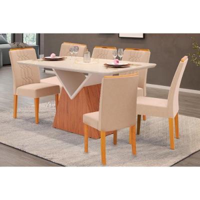 Sala de Jantar Completa Argo Tampo Madeirado c/ Vidro Curvo 136x90cm e 6 Cadeiras Zoe Freijo/Off White - Suede Creme - DJ Móveis