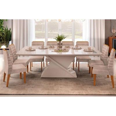 Sala de Jantar Completa Zafira Tampo Madeirado c/ Vidro Curvo 200x100cm e 8 Cadeiras Ondina Off White - Freijo/Suede Kraft - DJ Móveis