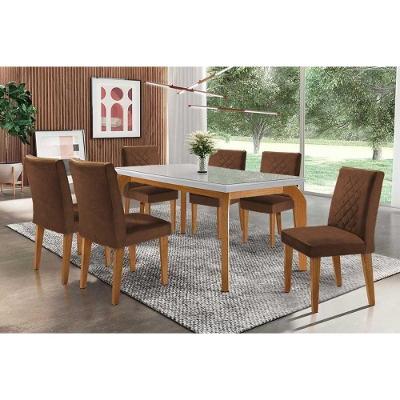 Sala de Jantar Completa Londrina c/ Tampo Madeirado Vidro Canto Curvo 180x90cm e 6 cadeiras Jade Imbuia/Off White - Veludo Marrom - Rufato
