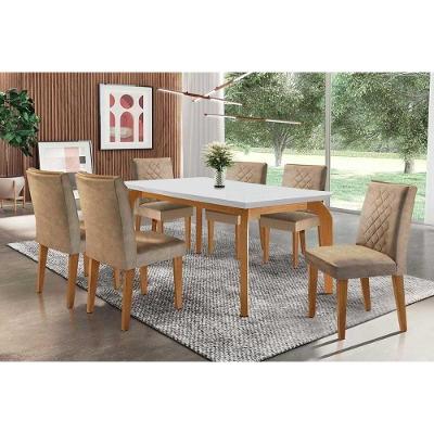 Sala de Jantar Completa Londrina c/Tampo Madeirado Canto Reto 180x90cm e 6 cadeiras Jade Imbuia - Veludo Capuccino - Rufato