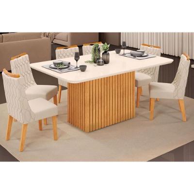 Sala de Jantar Completa Canes Tampo Madeirado c/ Vidro Curvo 170x90cm e 6 Cadeiras Bia Cedro/Off White - Linho Neve - DJ Móveis