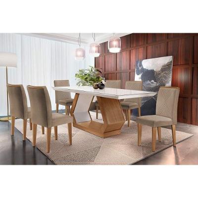 Sala de Jantar Completa Alvorada Tampo Madeirado c/ Vidro Canto Reto 180x90cm e 6 Cadeiras Amsterdã Imbuia/Off White - Suede Capuccino - Rufato