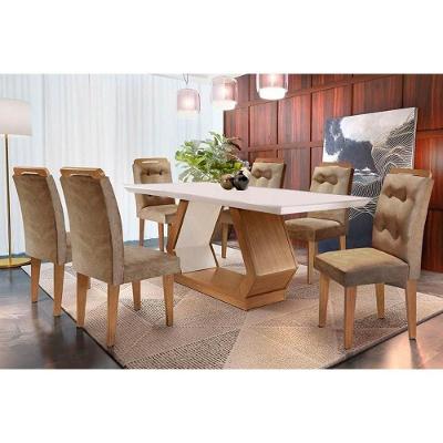 Sala de Jantar Completa Alvorada c/ Tampo Madeirado Canto Reto 180x90cm e 6 Cadeiras Imperatriz Imbuia/Off White - Suede Capuccino - Rufato