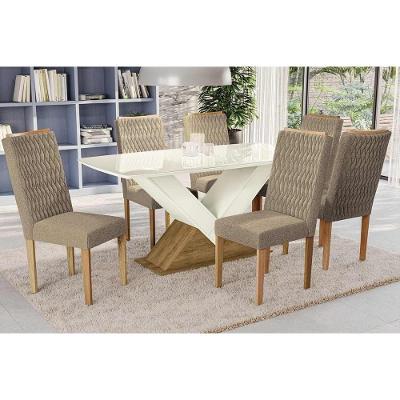 Sala de Jantar Completa Amora Tampo Madeirado c/ Vidro 90x170cm e 6 Cadeiras 2CAD157 Freijo/Off White/Vidro Off White - Eucalipto/V - Kappesberg