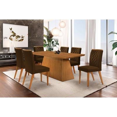 Sala de Jantar Completa Luna c/ Tampo Madeirado Canto Curvo 180x90cm e 6 cadeiras Jade Imbuia-Capuccino/Suede Marrom - Rufato