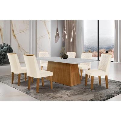 Sala de Jantar Completa Luna c/ Tampo de Vidro Canto Curvo 180x90cm e 6 cadeiras Jade Imbuia/Off White - Suede Creme - Rufato