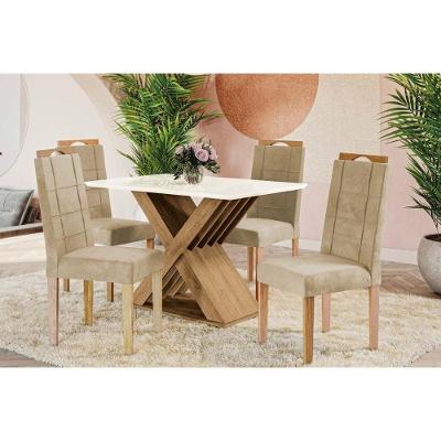 Sala de Jantar Completa Graviola Tampo Madeirado c/ Vidro 80x120cm e 4 Cadeiras 2CAD150 Nogueira/Off White/Vidro Off White - Eucalipto - Kappesberg