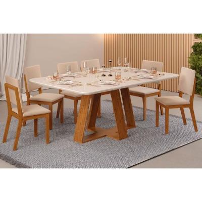 Sala de Jantar Completa Celeste Tampo Madeirado c/ Vidro Retangular 160x90cm e 6 Cadeiras Talia Freijo/Off White - Suede Creme - DJ Móveis