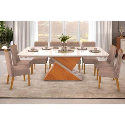 Sala de Jantar Completa Zafira Tampo Madeirado c/ Vidro Curvo 200x100cm e 8 Cadeiras Jade Cedro/Off White - Suede Kraft - DJ Móveis