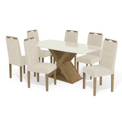 Sala de Jantar Completa Graviola Tampo Madeirado c/ Vidro 90x170cm e 6 Cadeiras 2CAD150 Nogueira/Off White/Vidro Off White - Eucalipto - Kappesberg