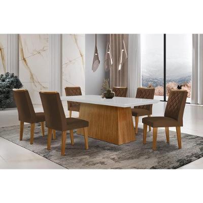 Sala de Jantar Completa Luna c/ Tampo Vidro Canto Curvo 180x90cm e 6 cadeiras Jade Imbuia/Off White - Suede Marrom - Rufato