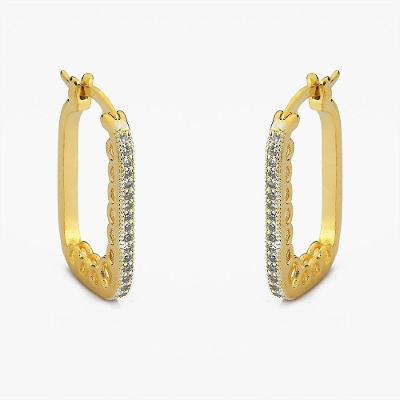 Brinco Argola Retangular Folheada A Ouro 18k Metade Cravejada Com Zircônia
