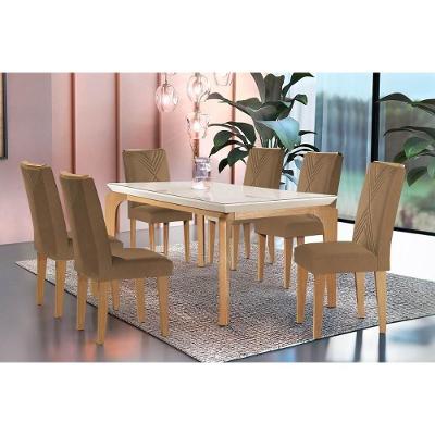 Sala de Jantar Completa Londrina c/ Tampo Madeirado Vidro Canto Curvo 180x90cm e 6 cadeiras Amsterdã Imbuia/Off White - Suede Capuccino - Rufato