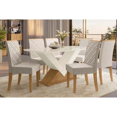 Sala de Jantar Completa Amora Tampo Madeirado c/ Vidro 90x170cm e 6 Cadeiras 2CAD149 Freijo/Off White/Vidro Off White - Linho Caqui - Kappesberg