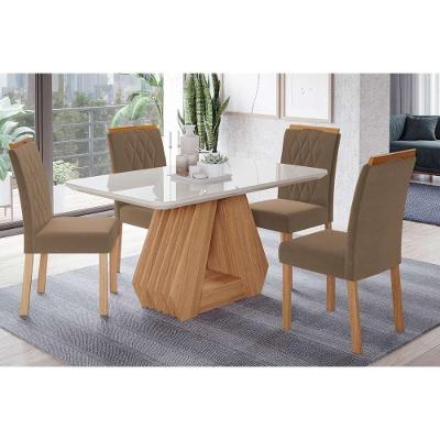 Sala de Jantar Completa Ágata Tampo Madeirado c/ Vidro 130x80cm e 4 Cadeiras Juliana Madeirado/Suede Joli Capuccino - Cimol