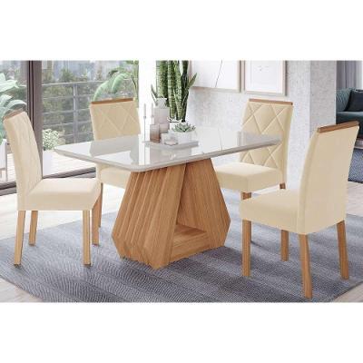 Sala de Jantar Completa Ágata Tampo Madeirado c/ Vidro 130x80cm e 4 Cadeiras Fernanda Nature-Madeirado/Suede Nude Bege - Cimol