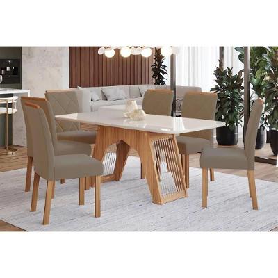 Sala de Jantar Completa Carol Tampo Madeirado c/ Vidro 180x90cm e 6 Cadeiras Fernanda Madeirado/Suede Joli Capuccino - Cimol