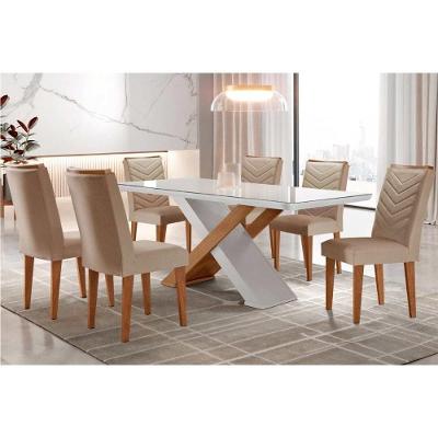 Sala de Jantar Completa Imperatriz Tampo Madeirado c/ Vidro Canto Curvo 180x90 e 6 Cadeiras Londrina Imbuia/Off White - Suede Capuccino - Rufato
