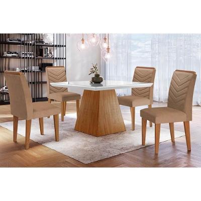 Sala de Jantar Completa Luna c/ Tampo Madeirado Vidro Canto Curvo 90x90cm e 4 cadeiras Londrina Imbuia/Off White - Suede Capuccino - Rufato