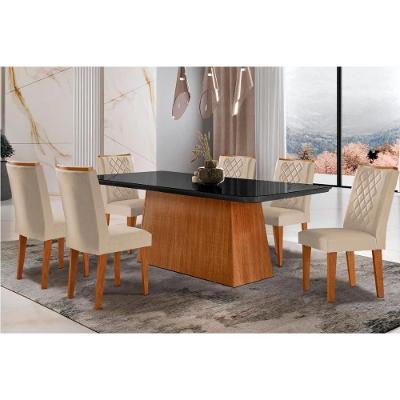 Sala de Jantar Completa Luna c/ Tampo de Vidro Canto Curvo 180x90cm e 6 cadeiras Jade Imbuia/Grafite - Suede Creme - Rufato