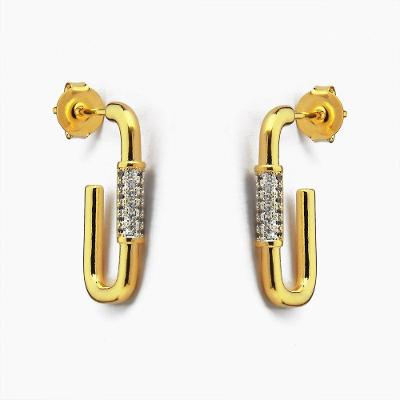 Brinco De Argola Retangular Com Parte Cravejado Em Zircônia Banhado Em Ouro 18k