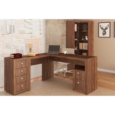 Escritório Completo 1 Mesa De Canto Para Escritório Me4129 + 1 Estante Me4132 + 1 Gaveteiro Me4133 3 Peças Nogal