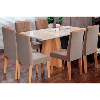 Conjunto: Mesa de Cozinha Maitê Tampo Madeirado c/ Vidro Canto Curvo 160X80cm e 6 Cadeiras Nicole Savana/Nature-Suede Pluma-Joli Capuccino - Cimol