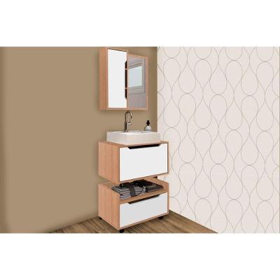 Conjunto de Banheiro Balcão Suspenso BN3646 e Balcão c/ Rodízios BN3647 60cm e Armário c/ Espelho BN3648 60cm Amêndoa/Branco - Tecno Mobili