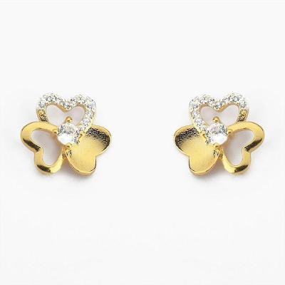 Brinco Flor Com Duas Pétalas Vazadas E Detalhe Em Zircônia Banhado A Ouro 18k