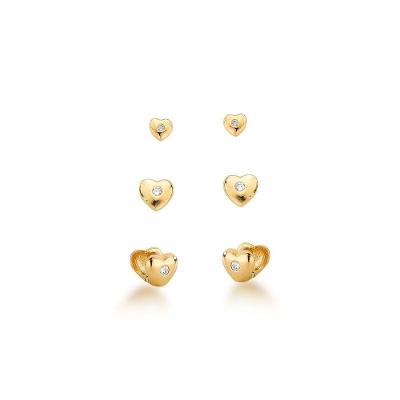 Trio De Brincos Corações Com Ponto De Luz Banhado A Ouro 18k