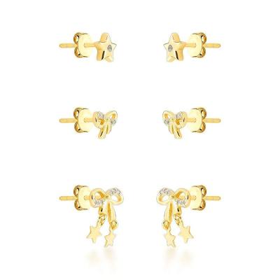 Trio De Brincos Laços Delicados Banhado A Ouro 18k