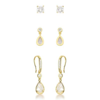 Kit De Brincos De Ouro Banhado 18k – Solitário E Pingente Em Gota Com Cristais