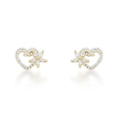 Brinco Coração Cravejado Com Flor Banhado A Ouro 18k