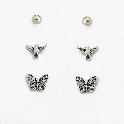 Trio Brincos Borboleta E Espirito Santo Cravejado Com Zircônias Prata 925