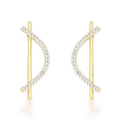 Brinco Delicado Palito Com Onda Cravejada Banhado A Ouro 18k