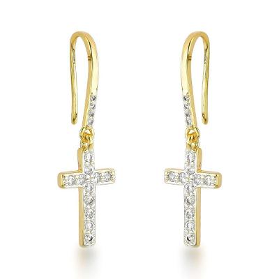 Brincos Com Gancho E Cruz De Zircônias Cristais Banhados A Ouro 18k