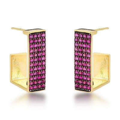 Brincos De Argola Com Zircônias Rubi E Banho De Ouro 18k - Estilo Moderno