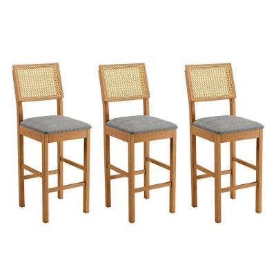 Conjunto 3 Banquetas Jade 03 Madeira Maciça Jcm Encosto Rattan E Linho Cinza
