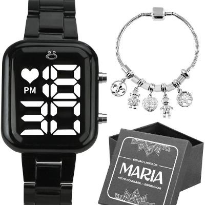 Relogio Digital Feminino Preto + Pulseira Pandora + Caixa