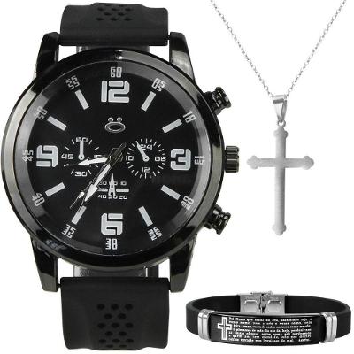 Relogio Masculino Aço Preto + Pulseira + Colar Crucifixo Presente Oração Pai Nosso Social Inoxidável