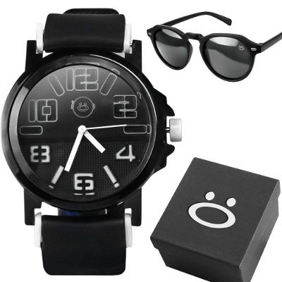 Relogio Masculino Preto Aço Inoxidável + Oculos Sol + Caixa Ajustavel Presente Preto Ponteiro Branco