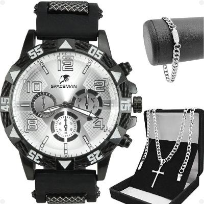 Relogio Masculino Aço Inox + Cordão Crucifixo + Pulseira Preto Spaceman Cruz Fina