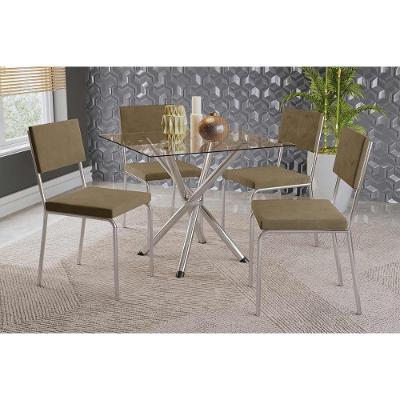 Sala de Jantar Completa Volga c/ Tampo de Vidro 90cm e 4 Cadeiras Zaria Cromada - Suede Bege - Kappesberg