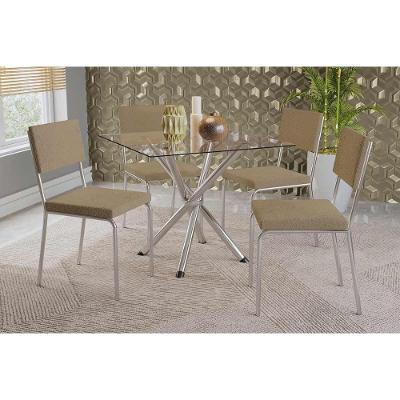 Sala de Jantar Completa Volga c/ Tampo de Vidro 90cm e 4 Cadeiras Zaria Cromada - Boucle Bege - Kappesberg